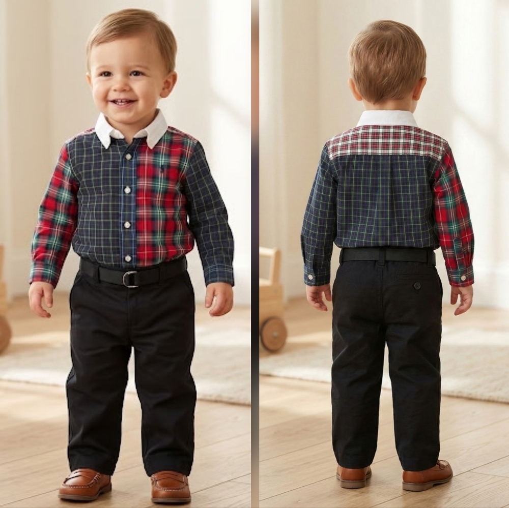 Polo Ralph Lauren Baby Embroidered "Pony" Plaid Poplin Shirt & Pant Set Size 9M